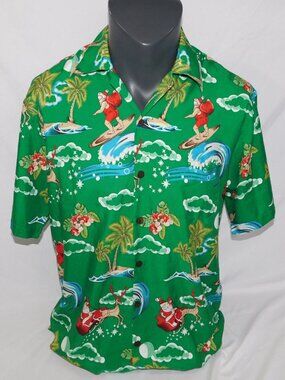 Alvish Green Red Christmas Santa Surfing Hawaiian Shirt Short Sleeve Mens M